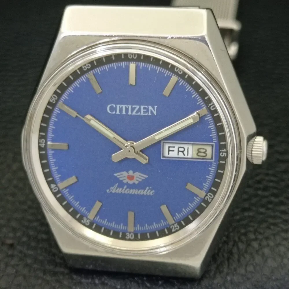 Vintage 1981 Citizen Automatic Mens Silver Watch W/daydate & Blue accents